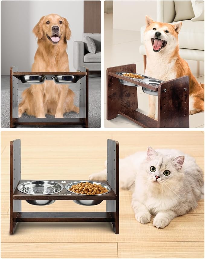 Elevated Dog Bowls, Adjustable Raised Dog Bowl Stand for Medium Size Dogs and Cats, Durable Bamboo Dogs Feeder with 2 Stainless Steel Bowls and Non-Slip Feet, Pet Food Bowl for Medium Sizes