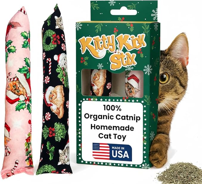 Kitty Kick Stix 11" Catnip Kicker Toy – Set of 2 | Handmade in USA | Interactive Cat & Kitten Toy | Packed with 100% Potent Catnip for All Breeds (Holiday (Set of 2))
