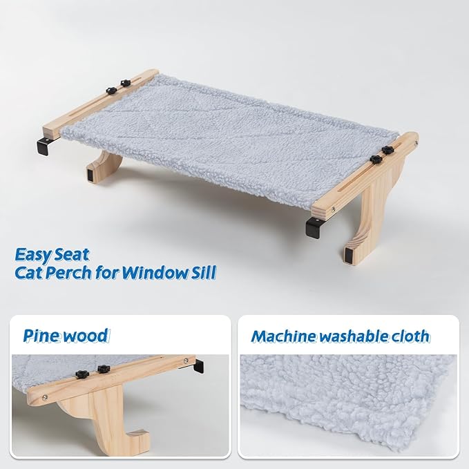 Zakkart 2PC Easy Seat Cat Perch for Window Sill - Hammock Design w/Pine Wood & Robust Metal Frame - Cat Window Seat for Large Cats and Kittens (Natural Color Wood w/Gray Bed, Medium (23''W x 14''D))