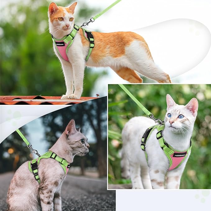 rabbitgoo Cat Harness and Leash Set, Escape Proof Soft Adjustable Vest Harnesses for Outdoor Walking, Easy Control Breathable Kitten Jacket with Reflective Strips, Pink & Light Green, XS