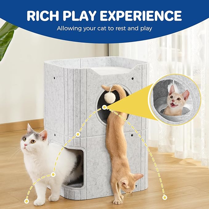 Cat House for Indoor Cats Cat Bed Cave 2-Storey Cats Condo with Cozy Felt Covered Hideaway for Multiple Pets Light Gray