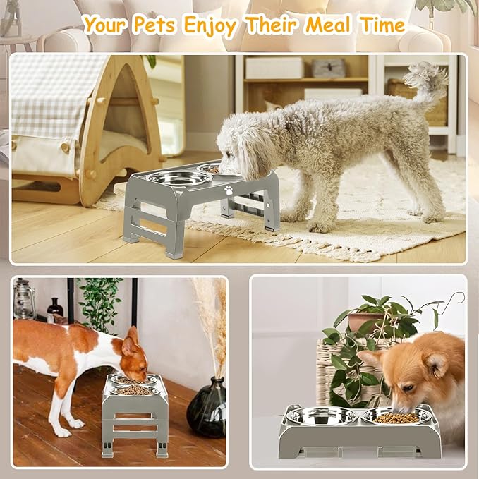 Elevated Dog Bowls 3 Height Adjustable Raised Bowl Stand with 25oz Stainless Steel Dog Food Bowls Anti-Slip for Small Dogs Adjusts to 7.5", 6", 2.75", Grey