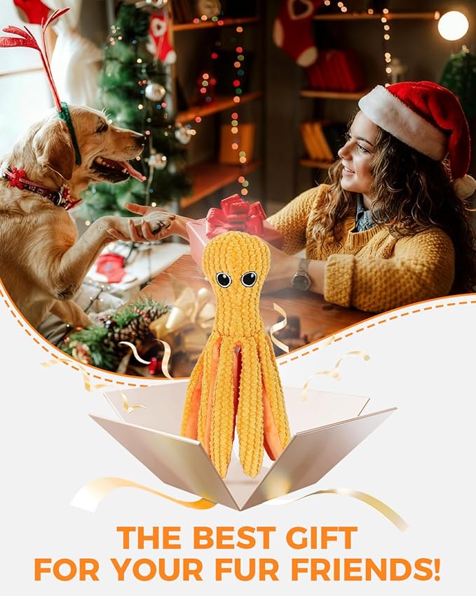 Crinkle Squeaky Dog Toys for Large Dogs, Durable Plush Chew Toys for Aggressive Chewers, Interactive Tug of War Toy, Teething Gift to Keep Them Busy and Relieve Boredom (Yellow Octopus)