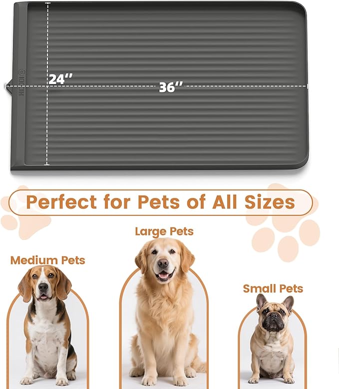 Dog Food Mat 36"x24", Waterproof Pet Feeding Mat with Diversion Grooves and Raised Edges, Large Non-Slip Dog Bowl Mat for Food and Water, Cat Food Mat for Floors, Easy to Clean, Grey