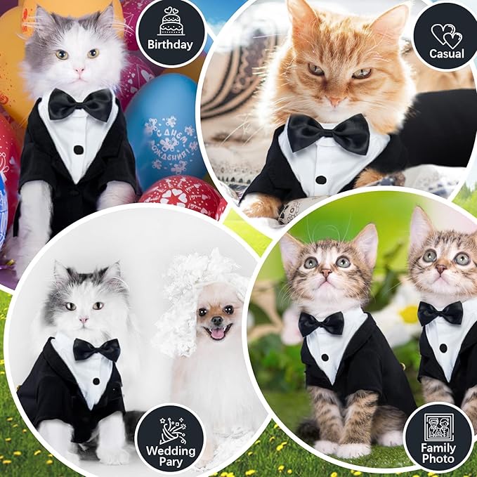 QBLEEV Cat Tuxedo Suit, Cat Halloween Costumes for Cats Only, Sphynx Cat Tuxedo Outfit Costume with Bow Tie, Kitten Formal Attire Wedding Birthday Onesie Clothes for Male Girl Hairless Cats