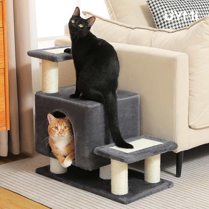 3-in-1 Dog Stairs & Cat Scratching Post with Condo, Pet Steps for High Bed, Sofa, Couch, Tall Cat Tower, High-Strength Board for Indoor Small Cats Kittens Dogs Climbing Playing, 3 Steps-Dark Grey
