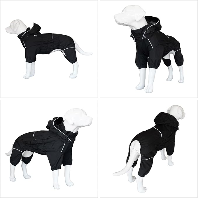 LOVELONGLONG Waterproof Dog Raincoat with Removable Hood – Outdoor Full Body Dog Jacket, Windproof Snowproof Shell Suit – All Season Pet Rain Gear Black XS