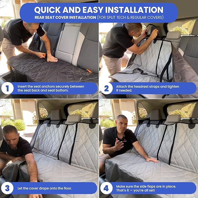 4Knines Back Seat Pet Cover for Dogs w/o Hammock – 54" Wide, Waterproof Car Seat Cover, Non-Slip, Heavy-Duty – Fits Cars, SUVs, Small Trucks – 2 Seat Belt & Latch Access – Back Seat Protector (Beige)