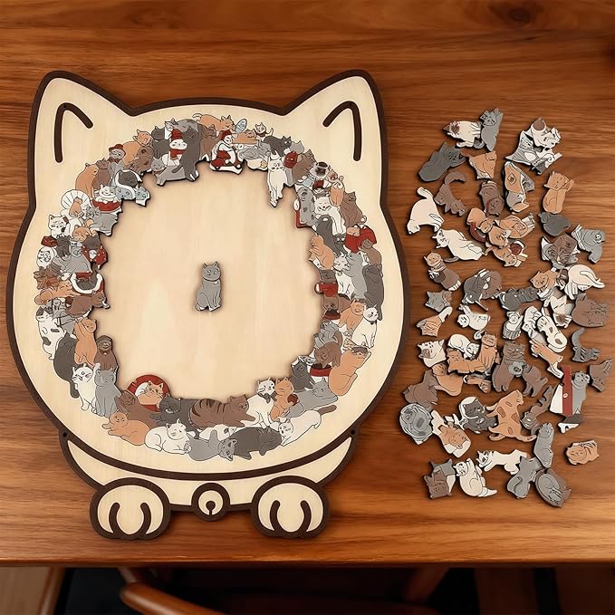 135-Piece Morandi-Colored Cat Shaped Wooden Jigsaw Puzzle, Cute Cat Puzzle, Challenging Irregular, Cute Home Decor for cat Lovers (F)