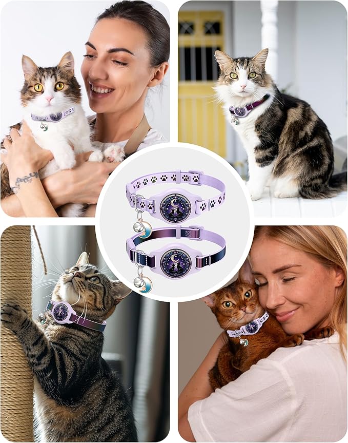 Cat Collar with Airtag Holder, 2 Pack Waterproof Breakaway Kitten Collar for Apple AirTag GPS Tracker, Adjustable Cat Collar with Buckle, Bell & Reflective Pattern for Cats, Kittens, Purple (8-11")