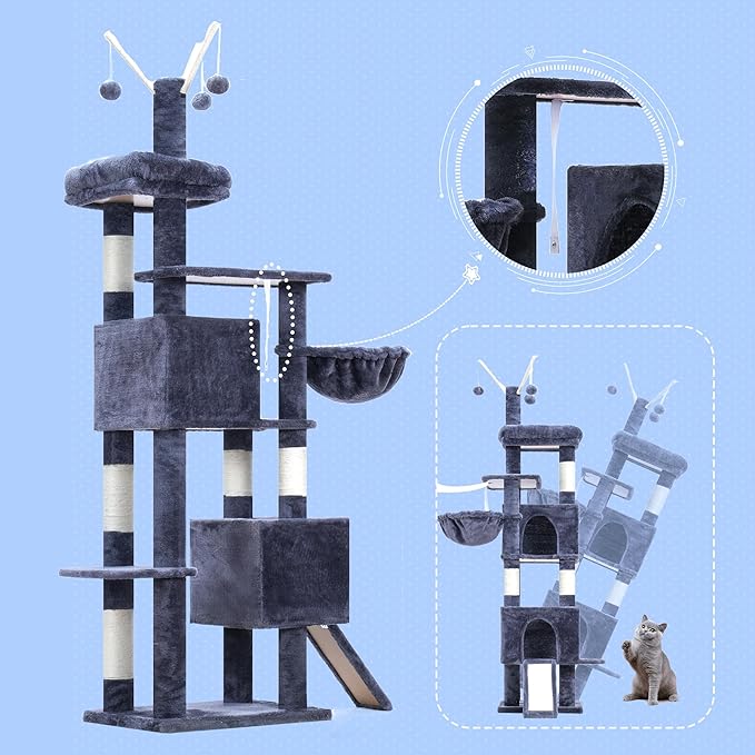 Hey-brother Cat Tree Tower, Sturdy Scratching Posts with Platform, Large Condos, Hammock, Removable Toys, Scratch Board, Multi-Level Furniture for Indoor Cats, 59.0 or 72.8 Inches, Smoky Gray MPJ055G