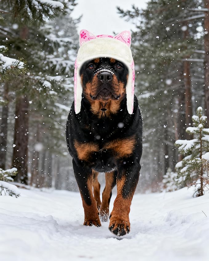 PET SHOW Dog Trapper Hat Winter Hat for Medium Large Dogs Warm Fleece Aviator Hats with Ear Flaps Adjustable Outdoor Girl Pet Pilot Costume Cap L-Pink Paw/Without Ear Holes