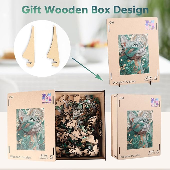 Mocfesk Wooden Puzzles for Adults, Cat Puzzles 104 Pieces, Unique Shaped Animal Jigsaw Puzzles for Adults and Kids, Birthday Gifts Fun Family Game 8.9'' x 11.8''