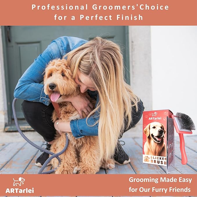 2-in-1 Dog Slicker Brush & Comb for Golden Retriever & Doodle - Easy Detangling & Deshedding, Tailored for Matted Coats of Long Curly Haired Doodle Mixes - Effortless Tangle-Free Grooming