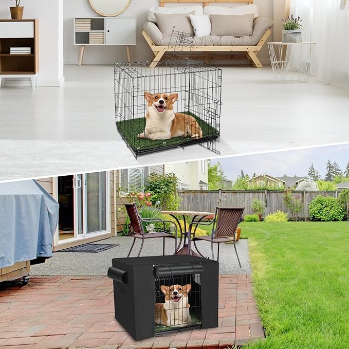 Dog Crates Kit with Artificial Grass and Dog Crates Cover, 27 Inch Double Door Collapsible Metal House for Dogs and Cats, Dog Cage with Leak-Proof Pan Tray, Travel, Indoor and Outdoor Dog Kennel