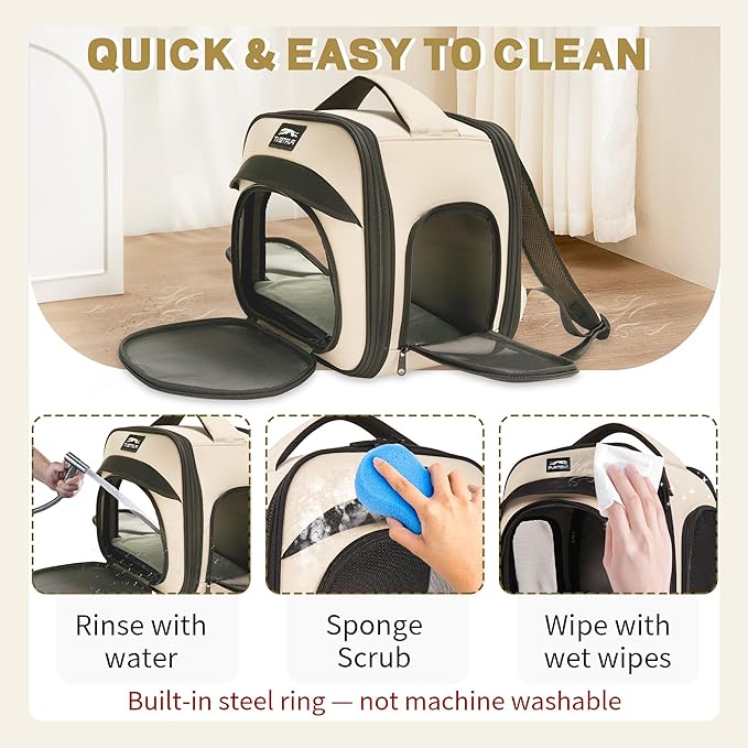 Bunny Backpack, Breathable Collapsible Small Pet Carrier with Safety Leash - for Puppies, Kittens, and Ferret Weighing up to 8 lbs, Designed for Travel, Walking and Outdoor Use Cat Bag, Beige