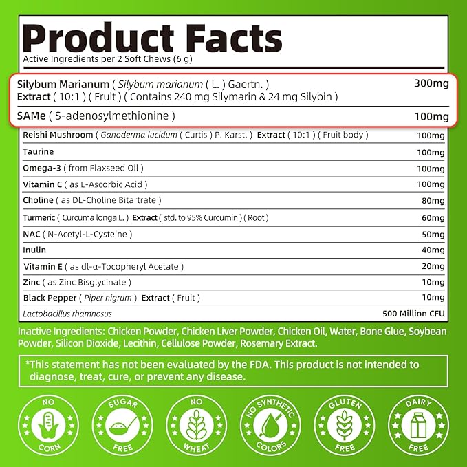 Dog Liver Support Chews - with Milk Thistle (Silybum), Same & NAC - Liver Supplement for Metabolic - Detox - Gut & Immune Health - Chicken Flavor, 90 Soft Chews