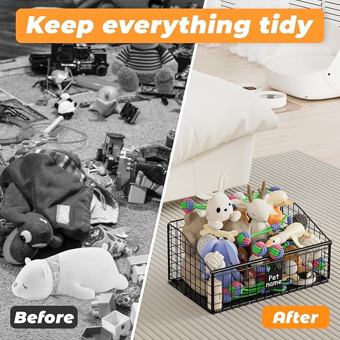 Dog Toy Bin Toy Basket Metal Storage Box with Handles Dog Organizer Chew-Proof Dog Toy Box Blankets Leashes Chest Puppy Dog Toy Storage Container Home Decor Pet Toys Dog Cat