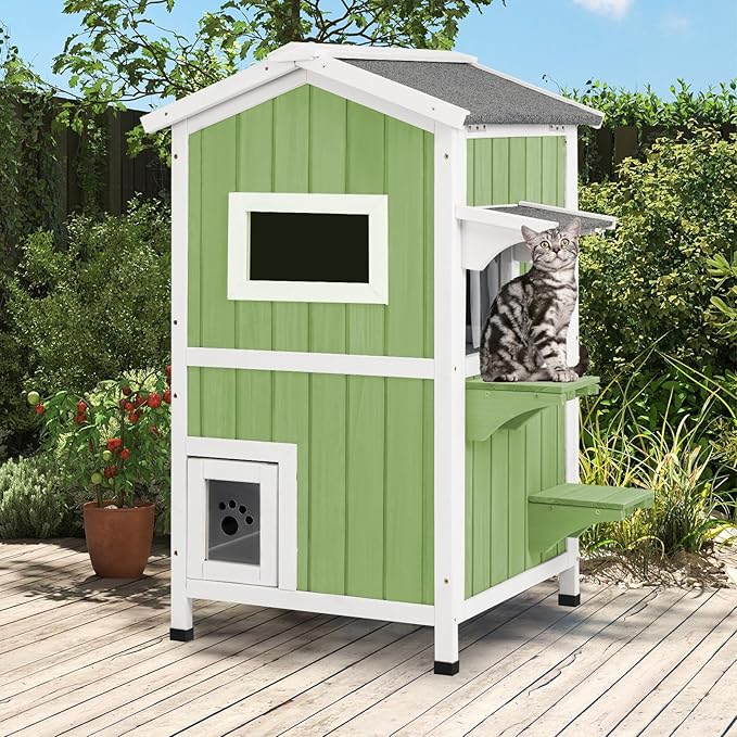 PetsCosset Insulated Cat House Outdoor Weatherproof All-Round Insulation Two Story Outside Wooden Feral Cat Shelter for Winter with 2 Escape Doors, Pull Out Floor and Openable Roof for Cats, Green