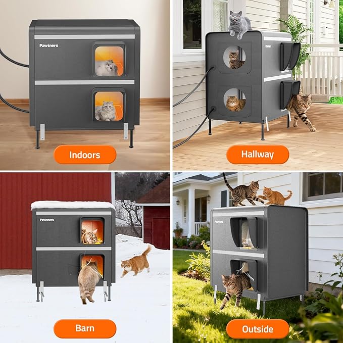 Pawtners Heated Outdoor Cat House for Outside Cats, 26'' XXL 2-Story Insulated Weatherproof Cat Shelter with Heated Pad, Elevated Feet & Escape Door, Warm Kitty House for Feral or Stray Cats in Winter