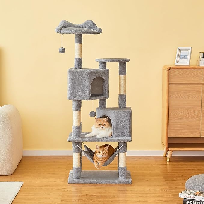 Cat Tree for Indoor Cats - Tall Multi-Level Cat Tower with Condos, Sisal Scratching Posts and Hammock, Top Perch with Dangling Toys for Large Cats and Kittens, Light Grey