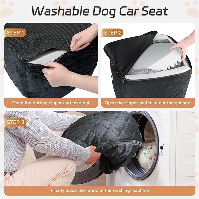 Dog Car Seat for Small/Medium Dogs Under 35lbs, Detachable & Washable Elevated Pet Travel Bed, 2 Storage Pockets & Safety Belt, Anti-Slip Base, Dog Booster Car Seat with Seamless Bottom Design