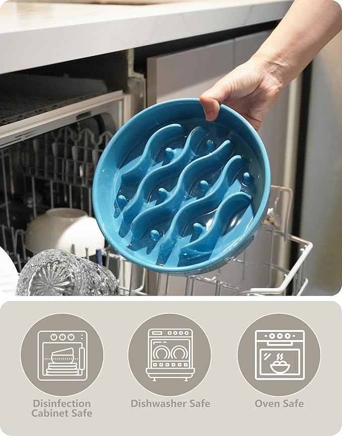 Ceramic Slow Feeder Dog Bowls for Medium and Large Dogs, 2.0 Cups Dog Slow Feeder for Fast Eater, 30oz, 8in, Baby Blue