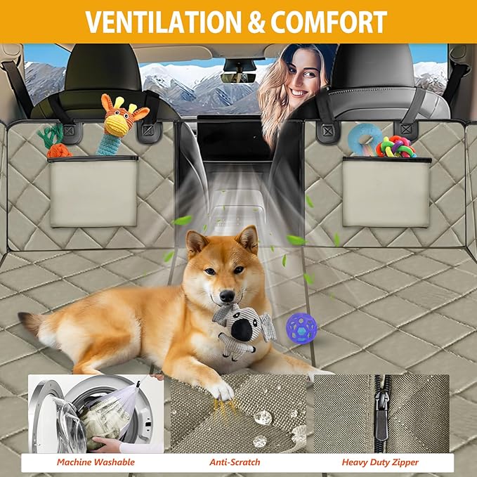 Back Seat Extender for Dogs-Large Space, Dog Car Seat Cover Hard Bottom Holds 420lbs, Sturdy Backseat Extender for Dogs, Upgraded Material,Waterproof Dog Hammock for Car SUV, Truck Khaki