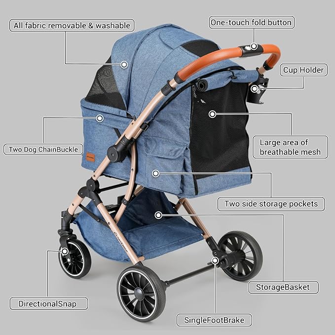 EchoSmile Small Medium Dogs Stroller 4-Wheel Pet Strollers for Medium Dogs Up to 50lbs, One Click Folding Large Cat Stroller, Reversible Handle, Shock Absorbing Wheels, Removable Washable Pad, Blue