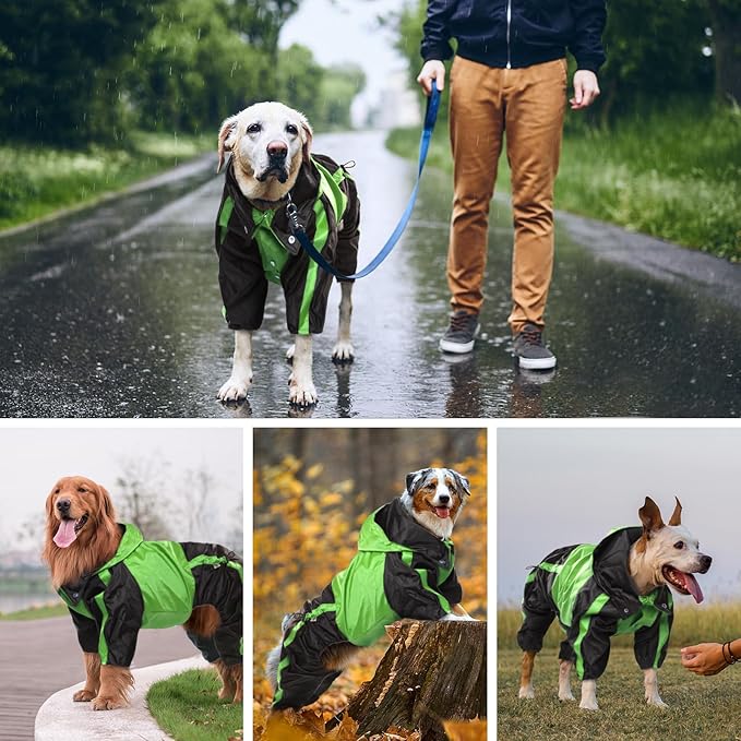 Dog Raincoat, Waterproof Dog Rain Coats for Large Dogs, Lightweight Rain Jacket, Adjustable 4 Legs Pet Poncho with Hood, Snow-Proof Dog Vest Rainwear, Rain Clothes Apparel with Leash Hole