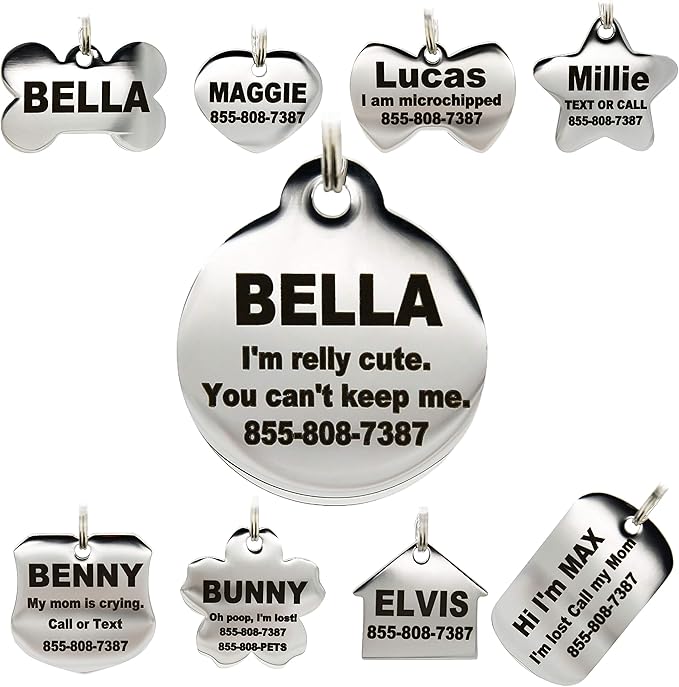 Stainless Steel Pet ID Tags - Engraved Personalized Dog Tags, Cat Tags Front & Back up to 8 Lines of Text – Bone, Round, Heart, Flower, Badge, House, Star, Rectangle, Bow Tie