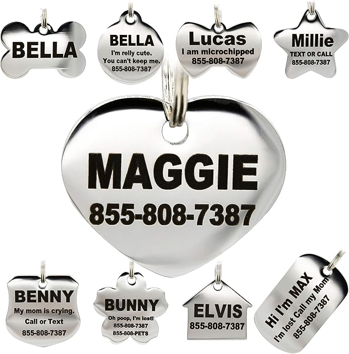 Stainless Steel Pet ID Tags - Engraved Personalized Dog Tags, Cat Tags Front & Back up to 8 Lines of Text – Bone, Round, Heart, Flower, Badge, House, Star, Rectangle, Bow Tie