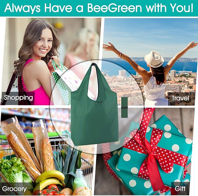 BeeGreen Reusable Bags for Shopping Machine Washable 12 Pack Xlarge Grocery bags Reusable Heavy Duty Folding with Elastic Band Colorful Tote Gift Bags Lightweight Durable Polyester