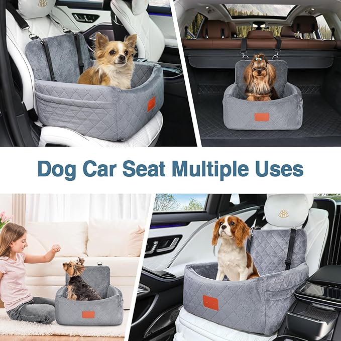 Dog Car Seat for Small Dogs Under 30lbs,Comfy & Safe Travel Bed with Washable Cover,2 Clip-On Safety Leashes and Pockets,Anti-Slip Base,Easy to Install(Grey)