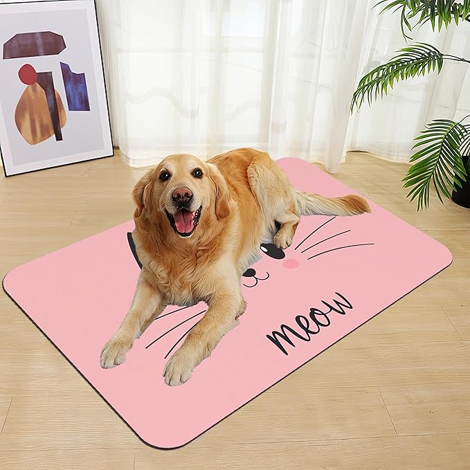 Pink Cat Dog Food Mat–Absorbent Quick Dry Feeding Placemat for Food and Water Bowls, Non Slip Rubber Backing, Waterproof Pet Supplies for Mess-Free Eating 12"x20"