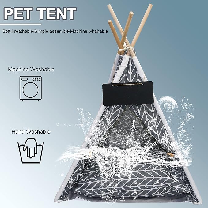 Pet Teepee, Portable Pet Tents for Small Dogs or Cats, Puppy Sweet Bed Washable Dog or Cat Houses with Cushion(Grey,24in)