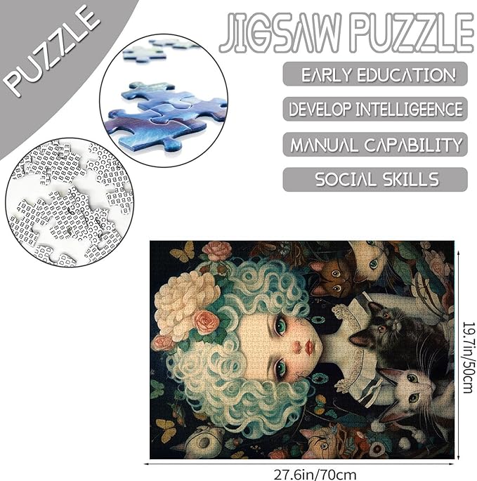 Curly-haired Doll and Cat Jigsaw Puzzle Cool Dolls Girl 1000 Piece Jigsaw Puzzles for Adults Challenging Family Activity Games Colorful DIY for Home Decor 20 x 27 Inch