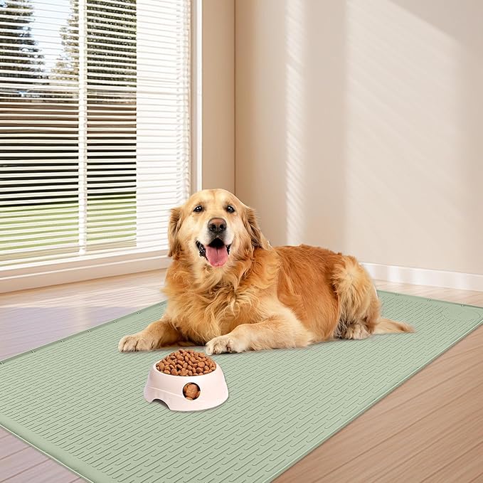 Dog Food Mat, Extra Large 34" x 22" Silicone Pet Feeding Mat with Raised Edge Pet Placemat for Small, Medium, and Large Pets Non-Slip, Easy to Clean (Light Green)