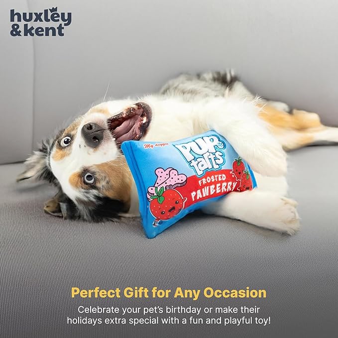 Huxley & Kent Funny Dog Toy w/Squeaker – Power Plush Squeaky Dog Toys for Small, Medium & Large Dogs – Soft Stuffed Animal for Indoor Play & Fetch - Pup-Tarts Frosted Pawberry, Large