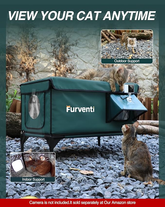 Heated Cat House for Outside,Dual Camera Mounts,100% Weatherproof & Extremely Insulated,Elevated Feral Cat Shelter with Escape Door,Waterproof Eaves for Outdoor Stray Barn Cat(Dark Green, XL)