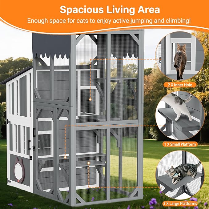 3 Tiers Catio 69" H Outdoor Cat Enclosures, Large Cat House Feral Cats Shelter with Weathproof Roof, Window Access, Unique Adjustable Two-Way Access Hole Design for Cats Outside and Inside