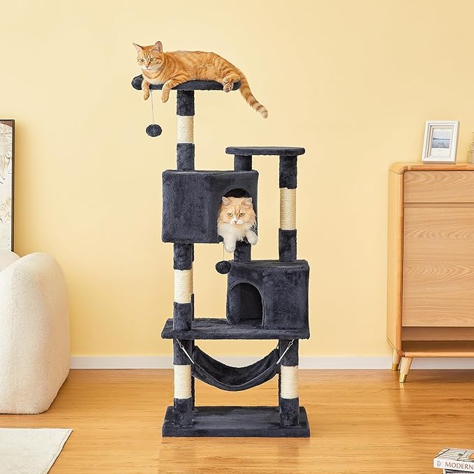 Cat Tree for Indoor Cats - Tall Multi-Level Cat Tower with Condos, Sisal Scratching Posts and Hammock, Top Perch with Dangling Toys for Large Cats and Kittens, Smoky Grey
