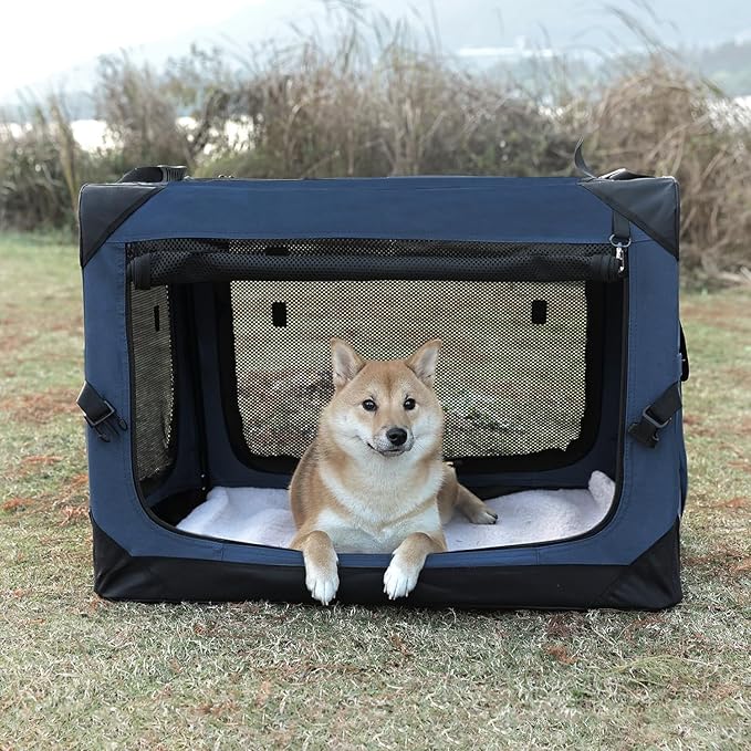 Pettycare 42 Inch Collapsible Dog Crate for Large Dogs, 4-Door Foldable Soft Side Kennel with Chew Proof Mesh Windows, Indoor & Outdoor Travel Crate, Navy Blue