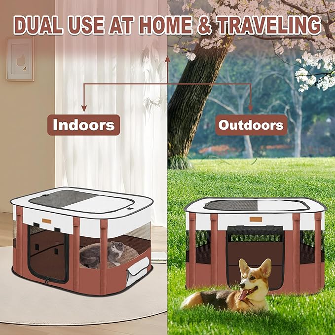 Dog Playpen - Foldable Cat Play Pens for Pubby, Kitten, Rabbit, Portable Pet Tent with Carring Bag for Indoor/Outdoor Travel Camping Brown X-Large
