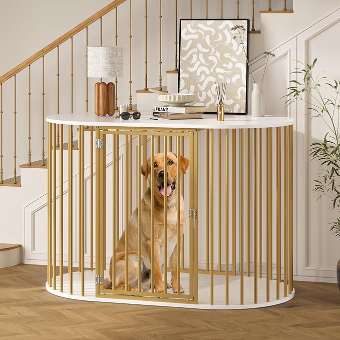 TVU 48 Inch Dog Crate Furniture, Heavy Duty Dog Kennel Indoor for Large Dogs, Oval Decorative Pet House End Table for Living Room, Bedroom, Hallway, 47.2" L x 27.6" W x 31.5" H, White, Gold