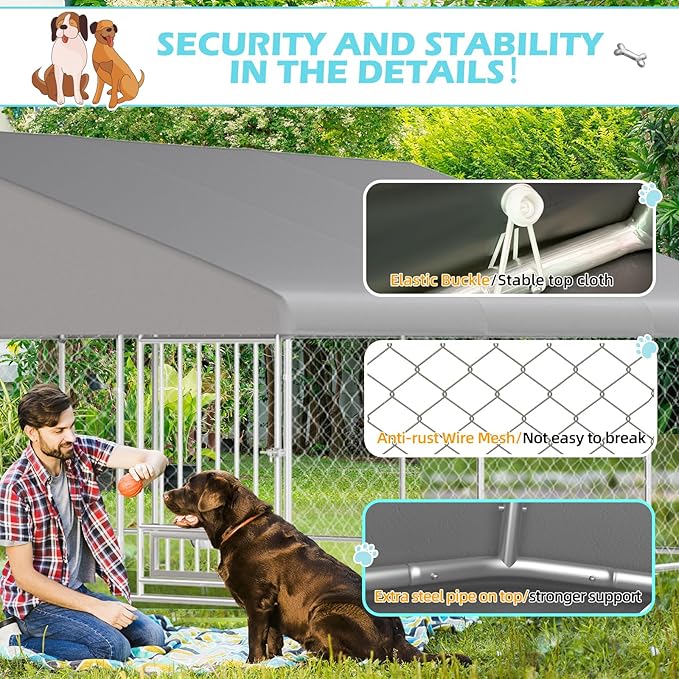 13'x13' Outdoor Dog Kennel with Roof, Dog Kennel Outside with Rotated Dog Bowls, Large Dog House Pen Enclosure with Secure Lock, Wateproof Sunproof Cover