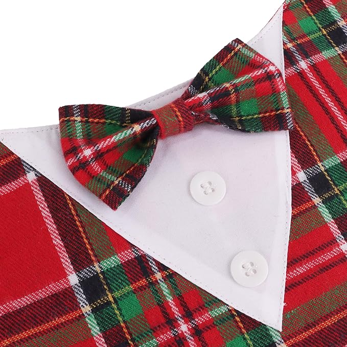 ADOGGYGO Christmas Dog Tuxedo Bandana, Red Green Plaid Pet Xmas Collar with Bow, Adjustable Christmas Costume for Extra Large Dogs (XL)