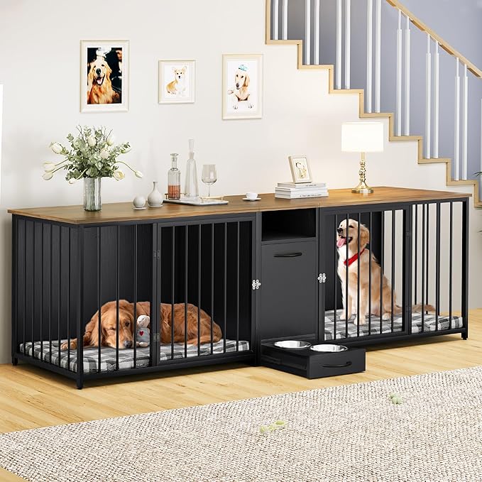 YITAHOME Double Dog Crate Furniture 94.5 inch with Feeder Bowls, Large Breed Dog Kennel with Divider and Storage Drawer, Heavy Duty Dog House TV Stand Indoor for 2 Large/Medium Dogs, Black