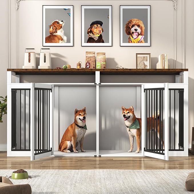 87In Farmhouse Dog Crate TV Stand, Wooden Dog Kennel Furniture with 2 Doors, Large Dog Crate Furniture for 2 Dogs, Solid Metal Tube & 4 Lockable Doors, White