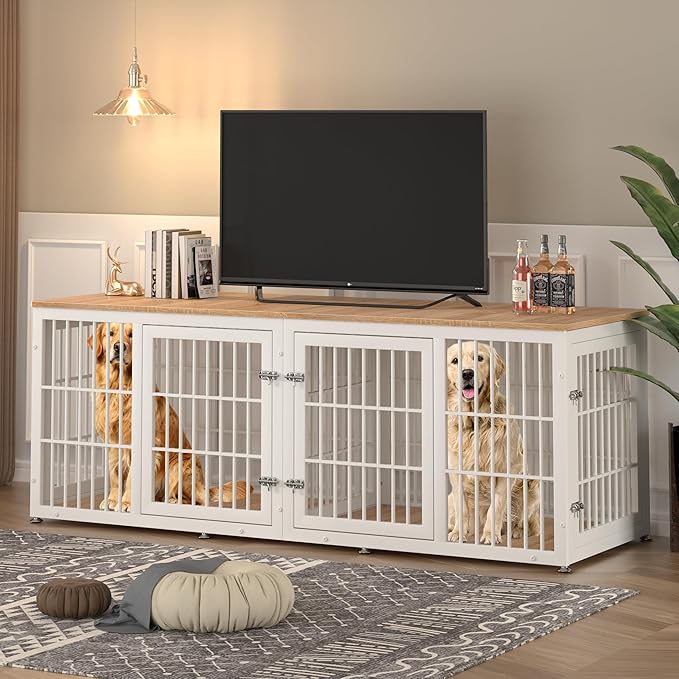 78 Inch Double Dog Crate Furniture, Heavy Duty Extra Large Cage Furniture with Divider for 2 Dogs, Decorative Wooden Kennel Indoor, Pet House for Large and Medium Dogs, White